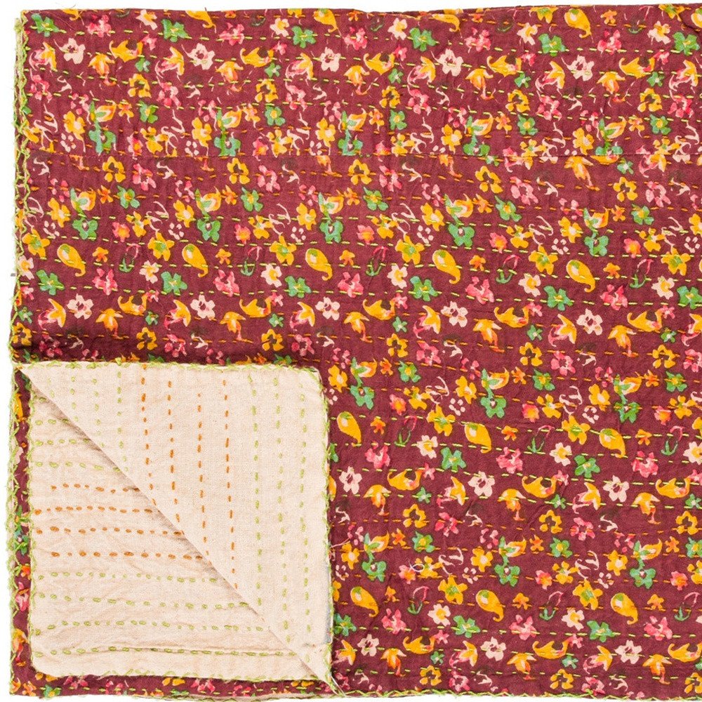 50" X 70" Beige Pink Orange and Green Cotton Kantha Floral Throw Throw Blanket with Embroidery