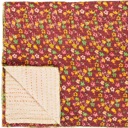 50" X 70" Beige Pink Orange and Green Cotton Kantha Floral Throw Throw Blanket with Embroidery