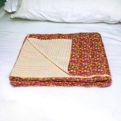 50" X 70" Beige Pink Orange and Green Cotton Kantha Floral Throw Throw Blanket with Embroidery