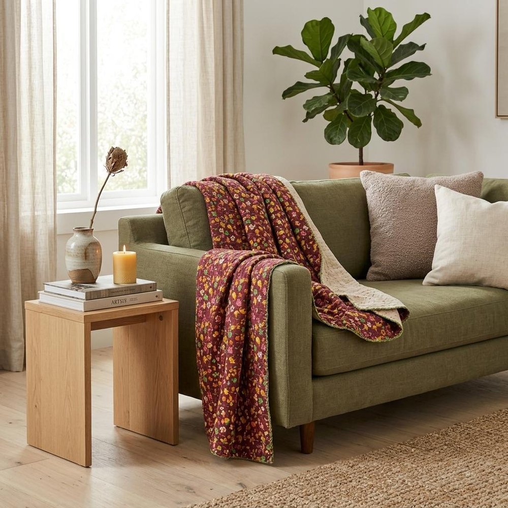 50" X 70" Green and Red Kantha Cotton Damask Throw Blanket with Embroidery