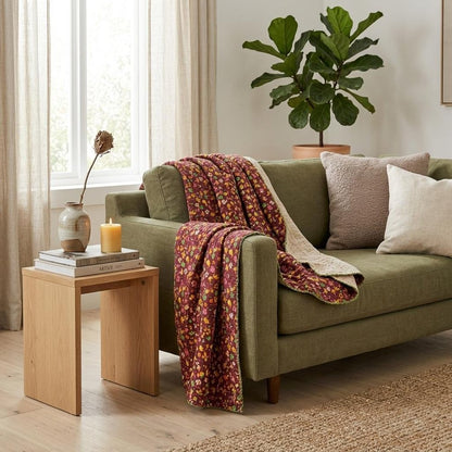 50" X 70" Green and Red Kantha Cotton Damask Throw Blanket with Embroidery
