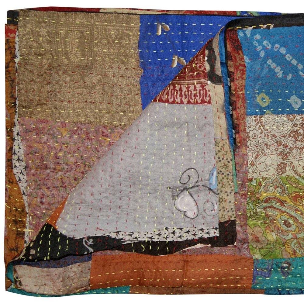 60" X 90" Blue Brown And Green Patchwork Cotton Quilted Kantha Throw Blanket with Embroidery
