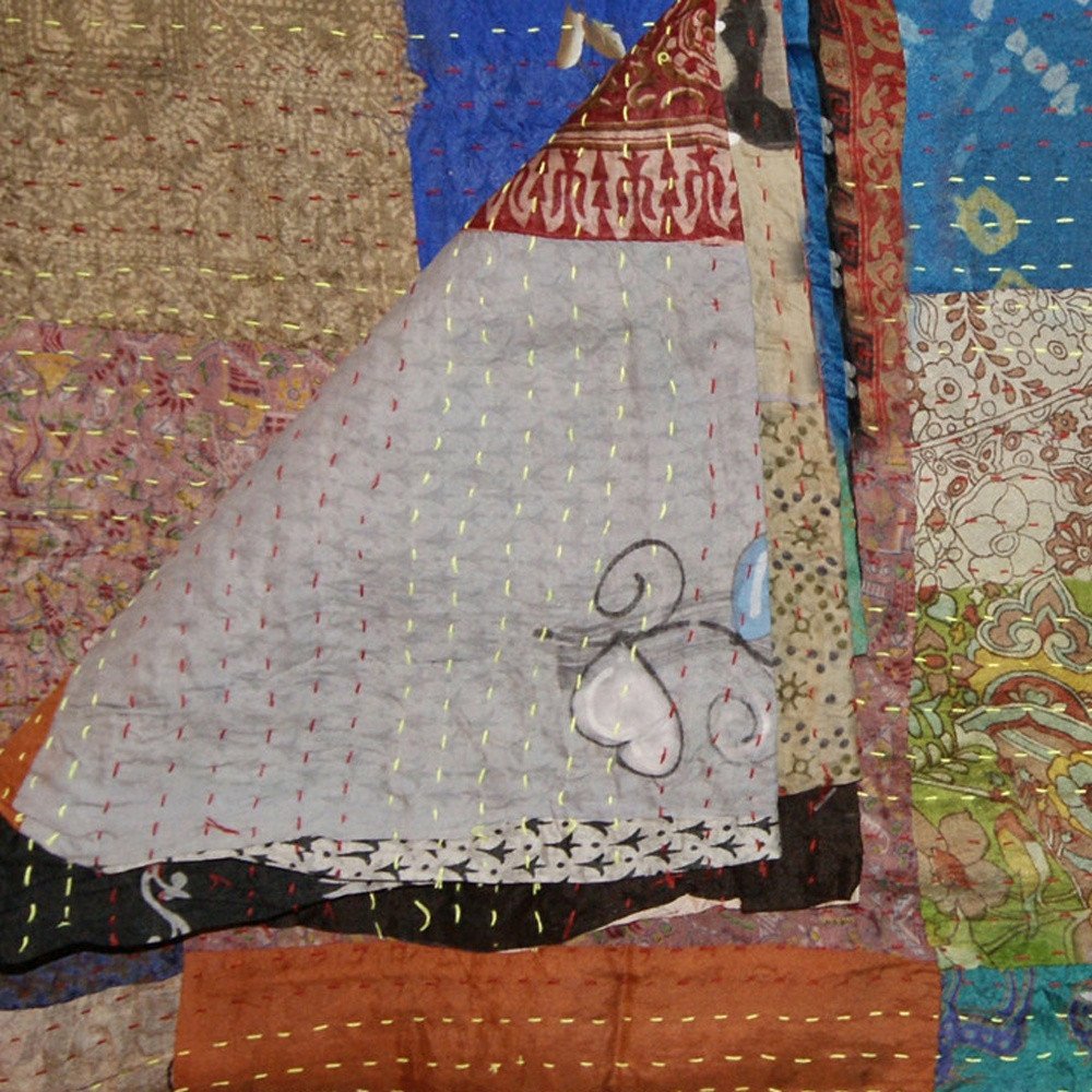 60" X 90" Blue Brown And Green Patchwork Cotton Quilted Kantha Throw Blanket with Embroidery