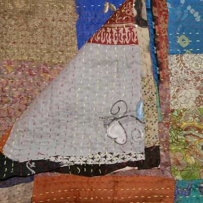 60" X 90" Blue Brown And Green Patchwork Cotton Quilted Kantha Throw Blanket with Embroidery