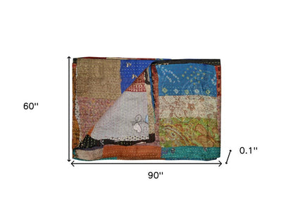 60" X 90" Blue Brown And Green Patchwork Cotton Quilted Kantha Throw Blanket with Embroidery