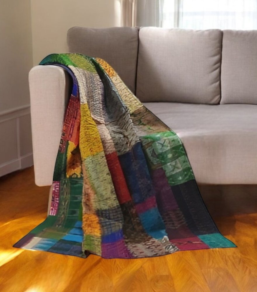 60" X 90" Blue Brown And Green Patchwork Cotton Quilted Kantha Throw Blanket with Embroidery