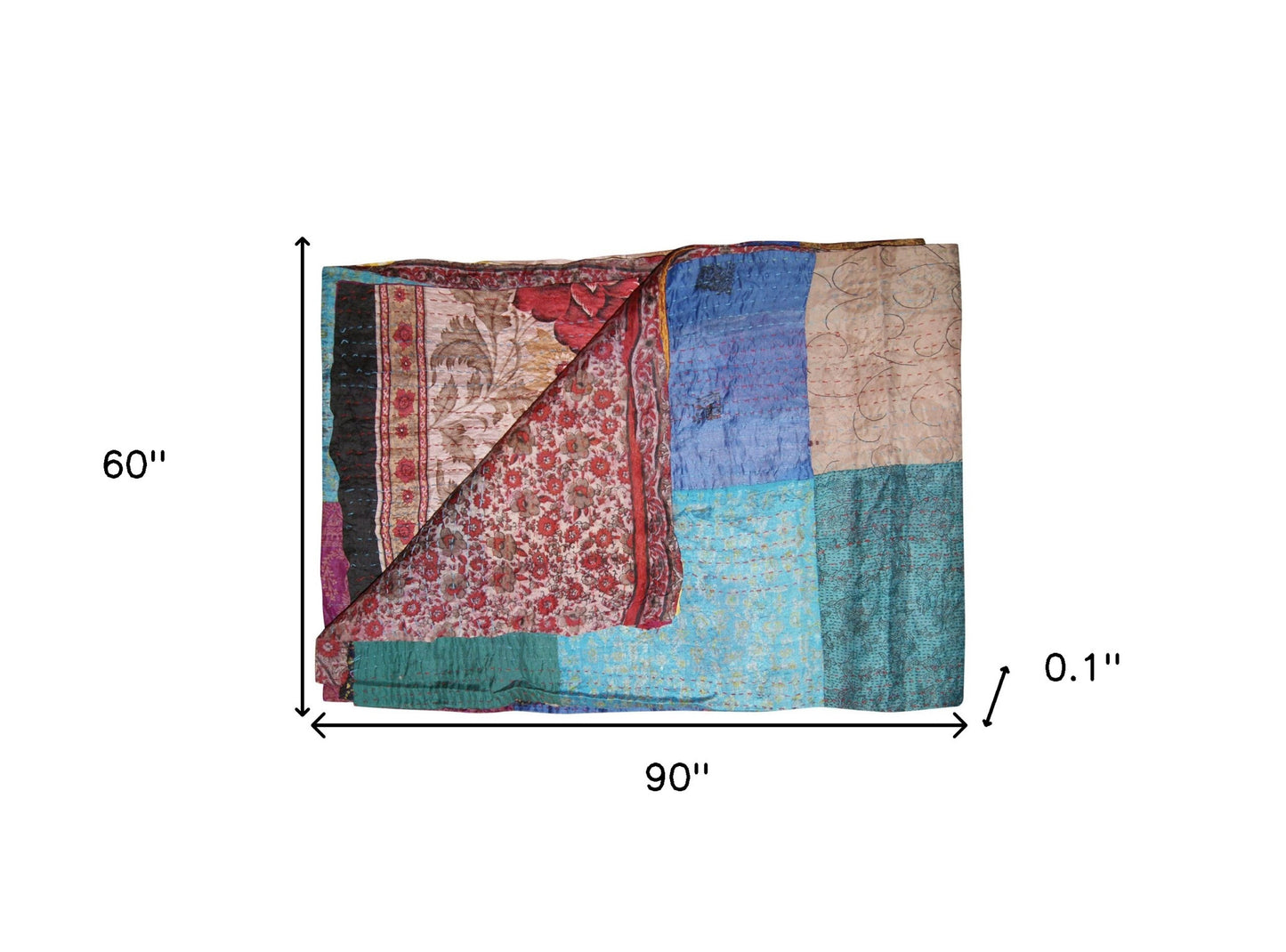 60" X 90" Blue Brown and Green Kantha Cotton Patchwork Throw Blanket with Embroidery