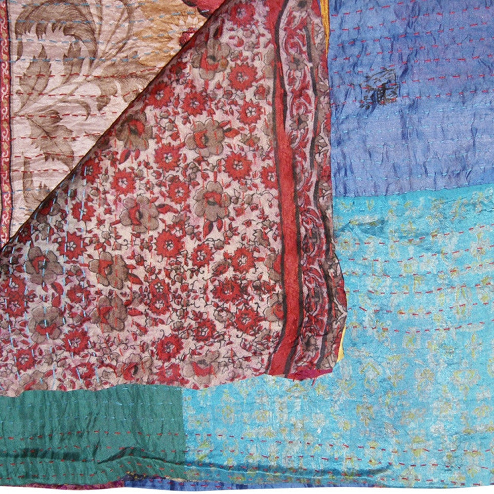 60" X 90" Blue Brown and Green Kantha Cotton Patchwork Throw Blanket with Embroidery