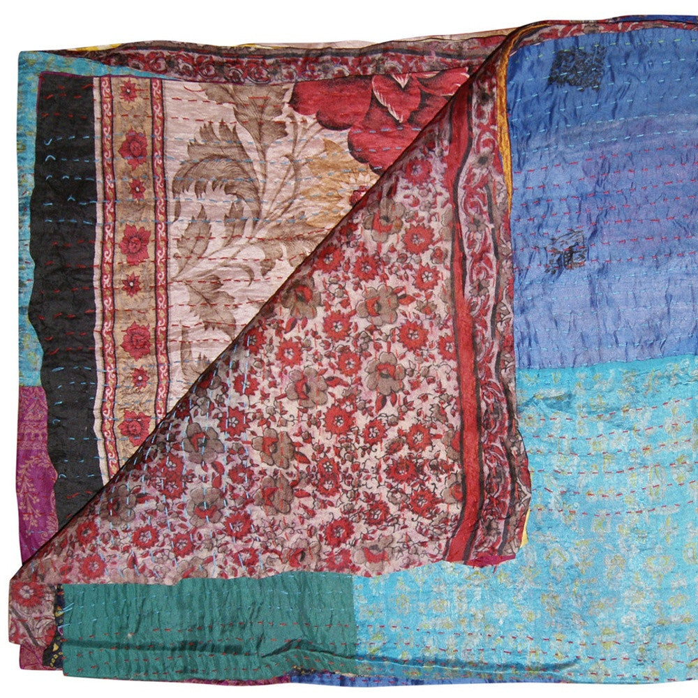 60" X 90" Blue Brown and Green Kantha Cotton Patchwork Throw Blanket with Embroidery