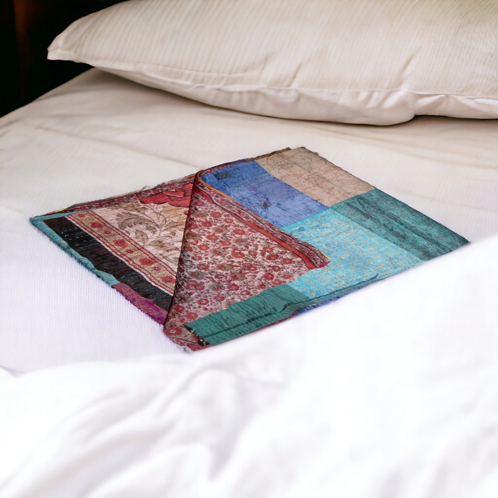 60" X 90" Blue Brown and Green Kantha Cotton Patchwork Throw Blanket with Embroidery