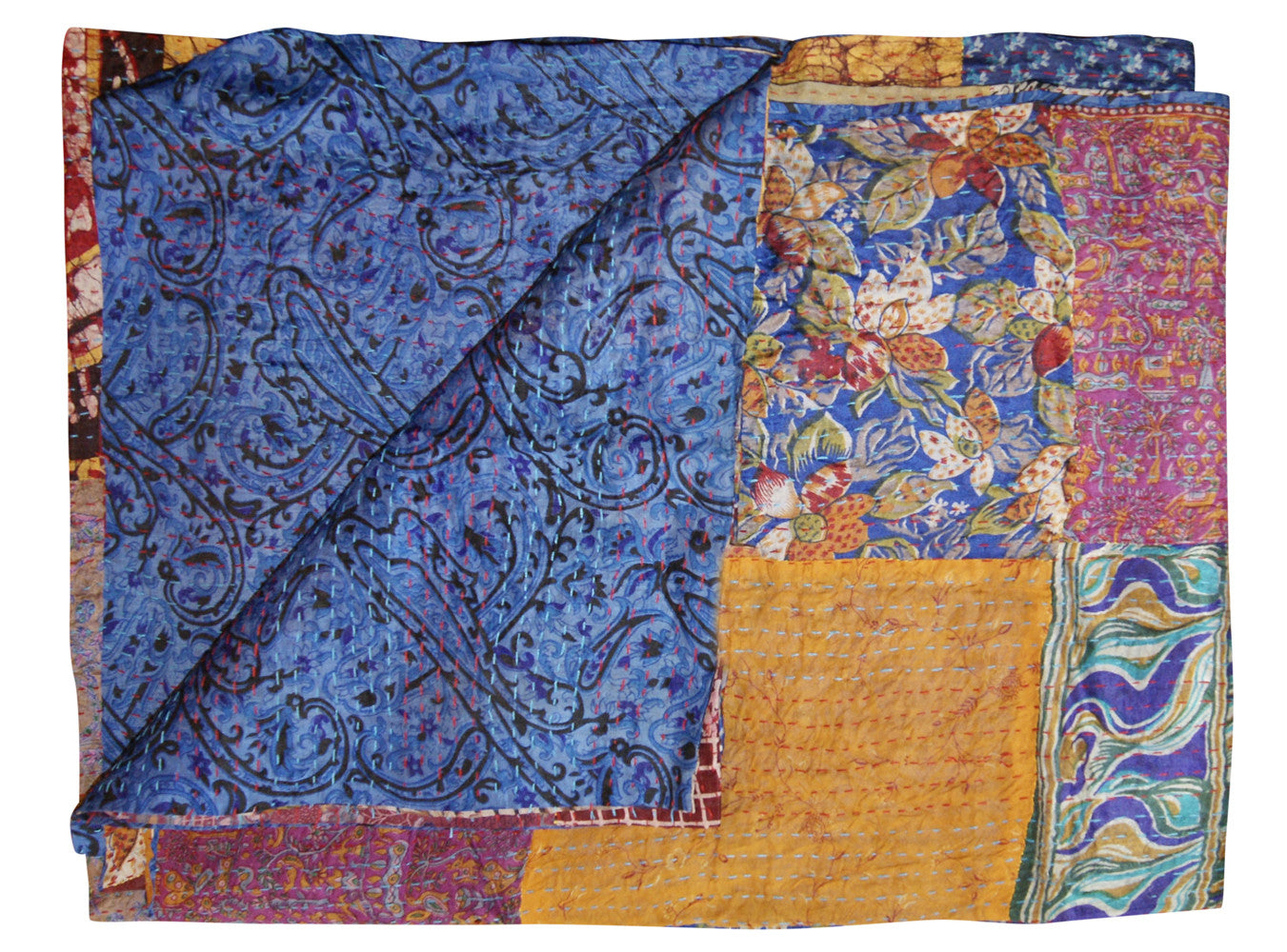 60" X 90" Blue and Yellow Kantha Cotton Patchwork Throw Blanket with Embroidery