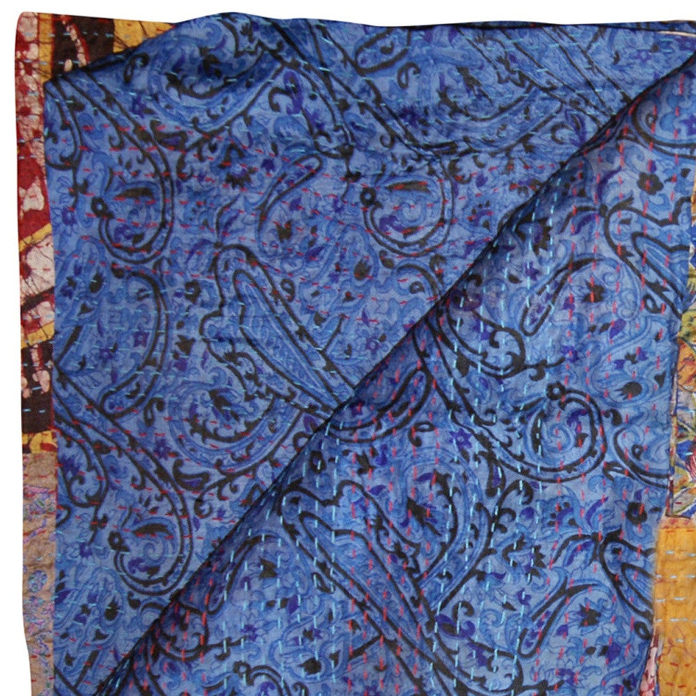 60" X 90" Blue and Yellow Kantha Cotton Patchwork Throw Blanket with Embroidery