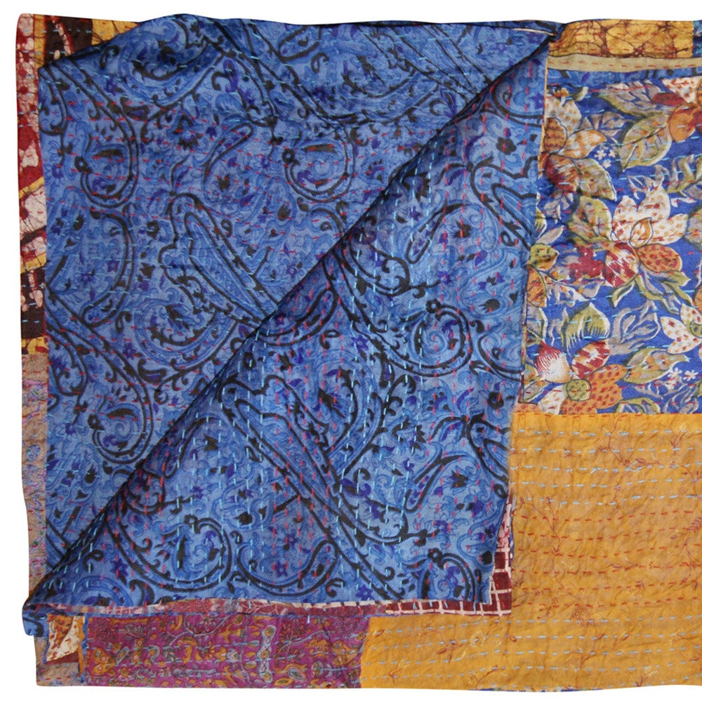 60" X 90" Blue and Yellow Kantha Cotton Patchwork Throw Blanket with Embroidery
