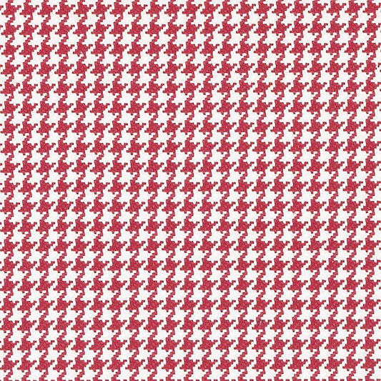 Red upholstery fabric swatch with subtle texture and a red-and-white houndstooth border along the bottom.