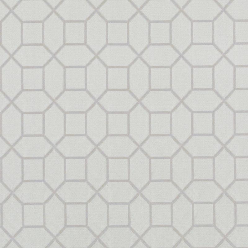 Upholstery fabric swatch with a geometric lattice pattern of interlocking octagons and diamonds in soft neutral tones.