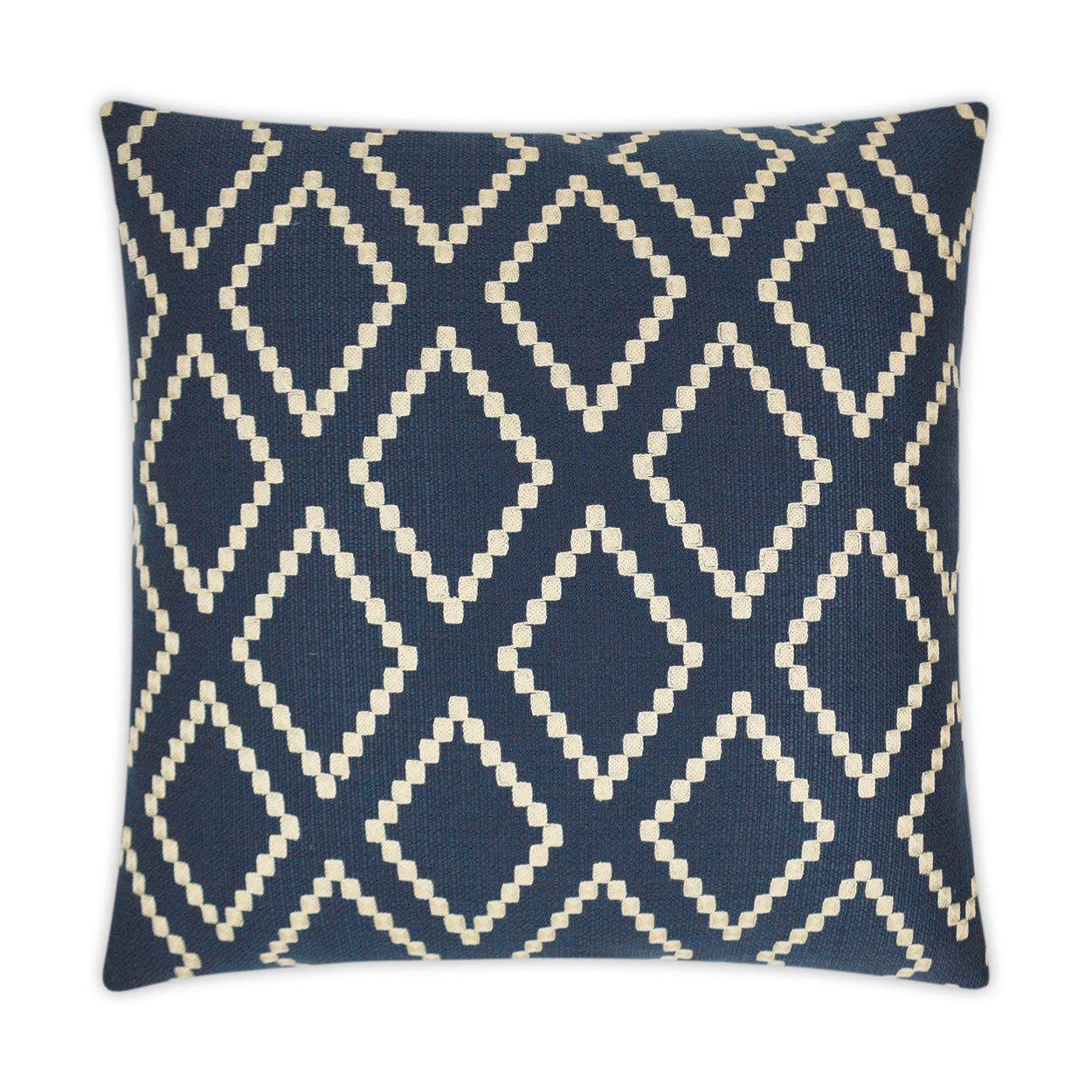 Square navy blue throw pillow with a white diamond lattice pattern on woven fabric; decorative sofa cushion
