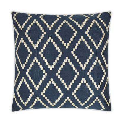 Square navy blue throw pillow with a white diamond lattice pattern on woven fabric; decorative sofa cushion