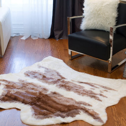 4' X 5' Brown And White Cowhide Print Hand Knotted Area Rug