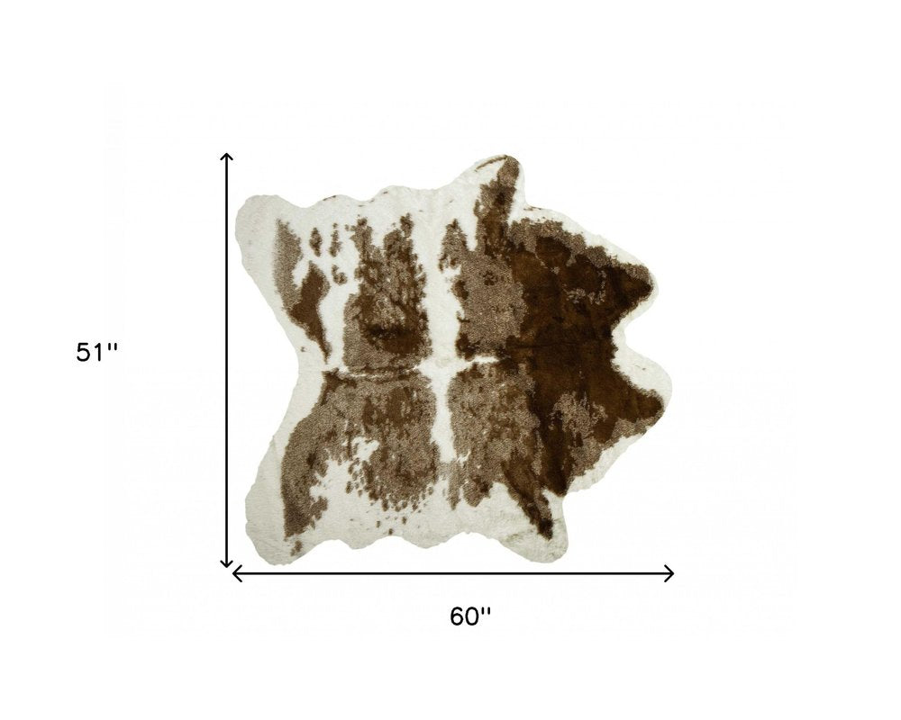 4' X 5' Brown And White Faux Fur Animal Print Washable Area Rug