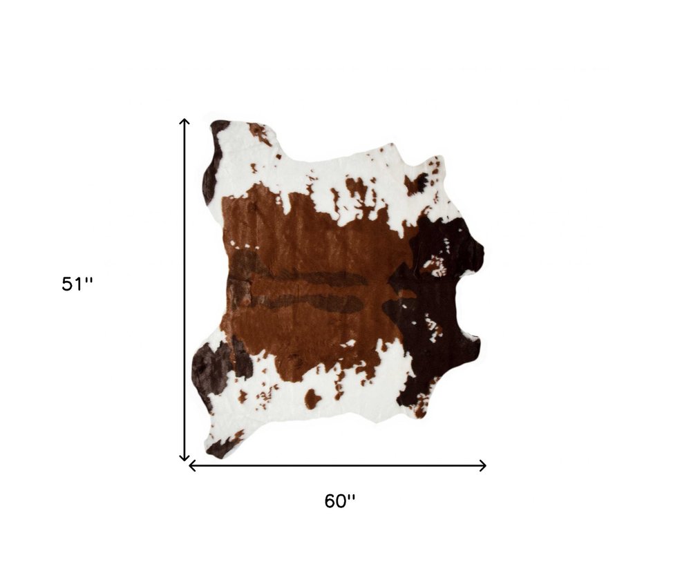 4' X 5' Brown And White Cowhide Print Hand Knotted Area Rug