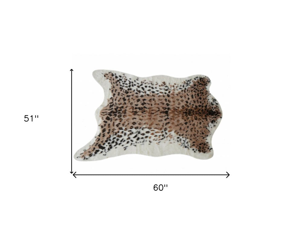 4' X 5' Ivory Black And Brown Faux Fur Animal Print Washable Area Rug