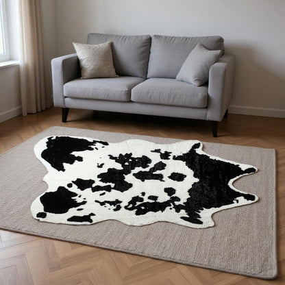 5' X 8' Black And White Cowhide Print Washable Area Rug
