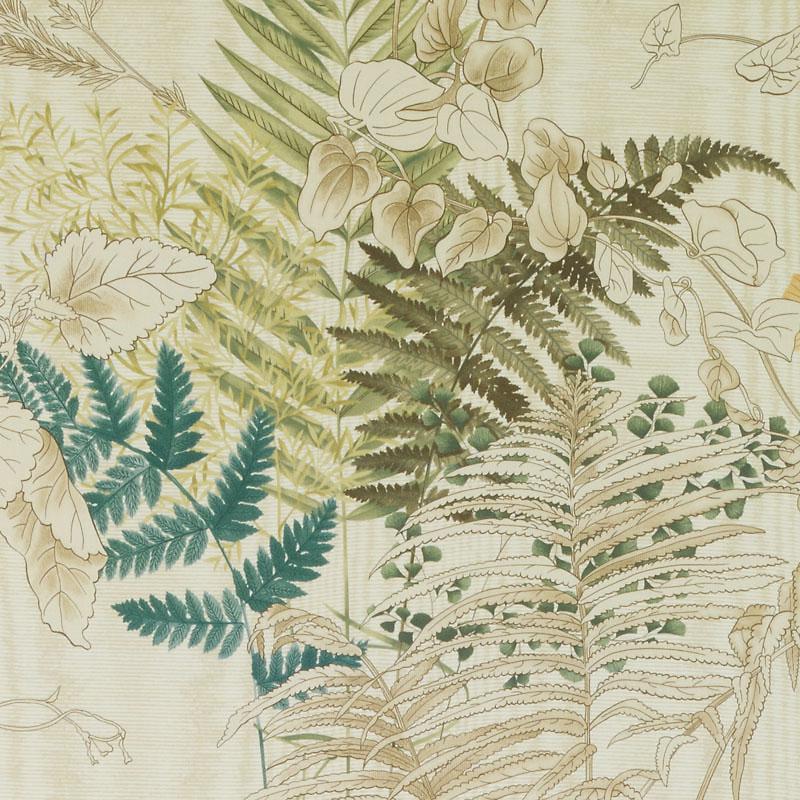 Beige linen-like fabric with a tropical botanical print of ferns and leafy vines in greens.