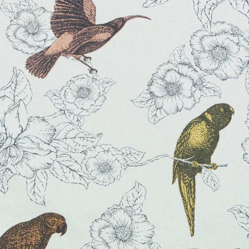 Illustrated bird-and-flower fabric print with brown and olive-yellow birds among sketchy blue-gray flowers on a pale background.