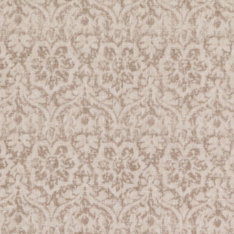 Beige damask pattern fabric texture with taupe floral scroll motifs, vintage upholstery or wallpaper style.