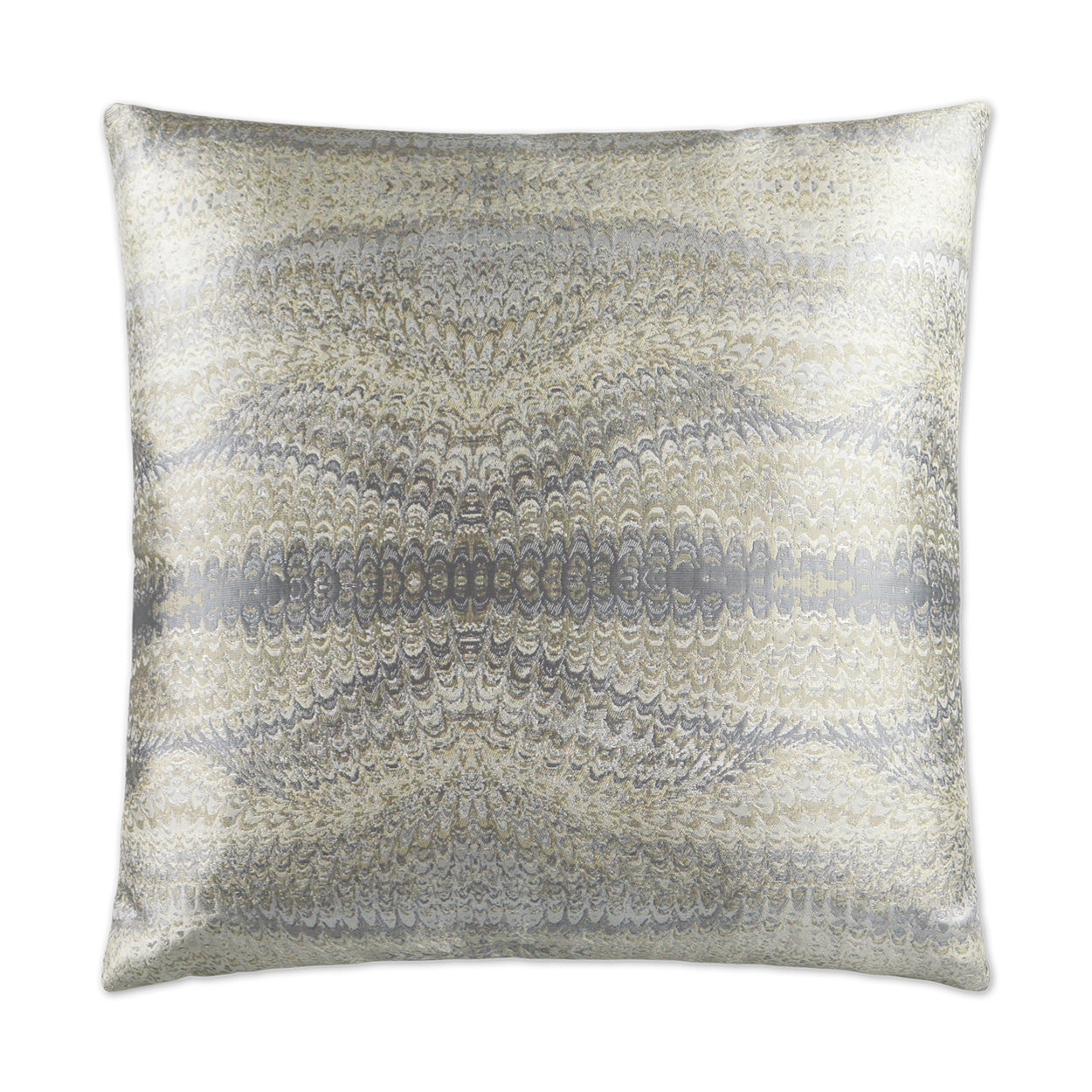 Square metallic throw pillow in silver and champagne tones with a shimmering jacquard pattern.