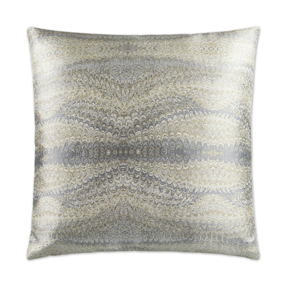 Square metallic throw pillow in silver and champagne tones with a shimmering jacquard pattern.