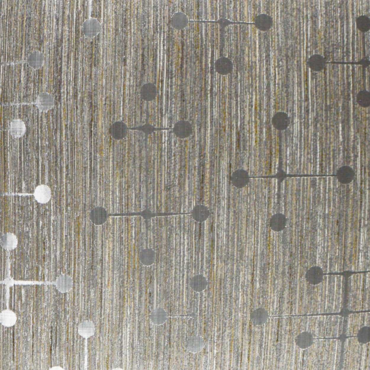 Beige and gray striped fabric with a subtle dot-and-line circuit pattern, textured textile for apparel or home decor.