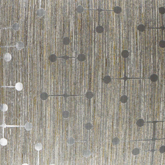 Beige and gray striped fabric with a subtle dot-and-line circuit pattern, textured textile for apparel or home decor.