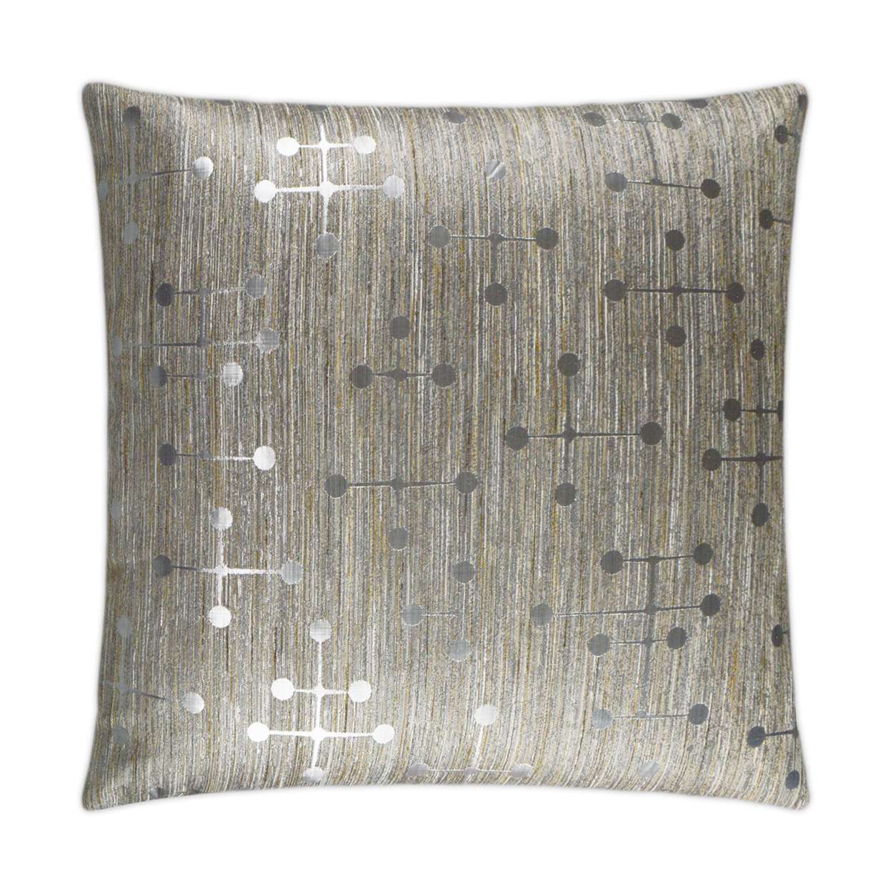 Square decorative pillow in silver textured fabric with metallic dots and connecting lines.