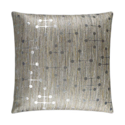 Square decorative pillow in silver textured fabric with metallic dots and connecting lines.