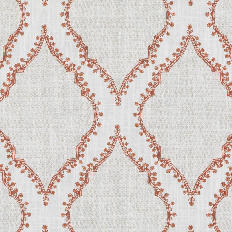 Repeating rust-orange ornate arch motif on a pale beige textured background.