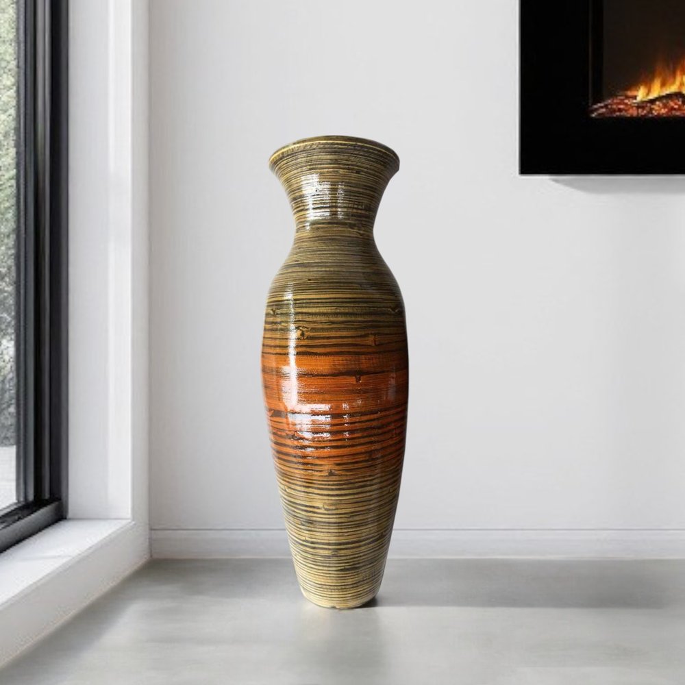 30" Gold and Brown Striped Urn Bamboo Floor Vase