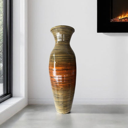 30" Gold and Brown Striped Urn Bamboo Floor Vase