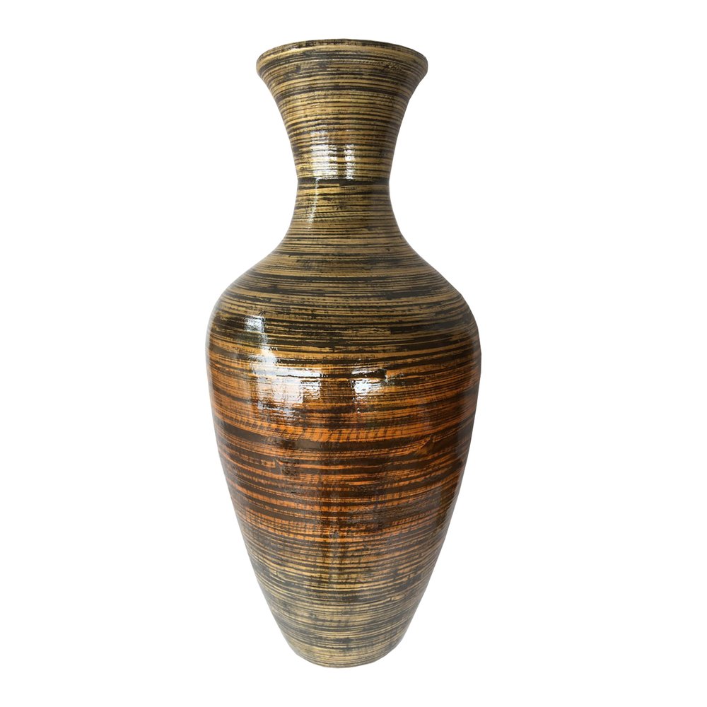 25" Black And Gold Striped Urn Bamboo Floor Vase