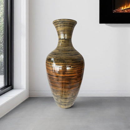 25" Black And Gold Striped Urn Bamboo Floor Vase