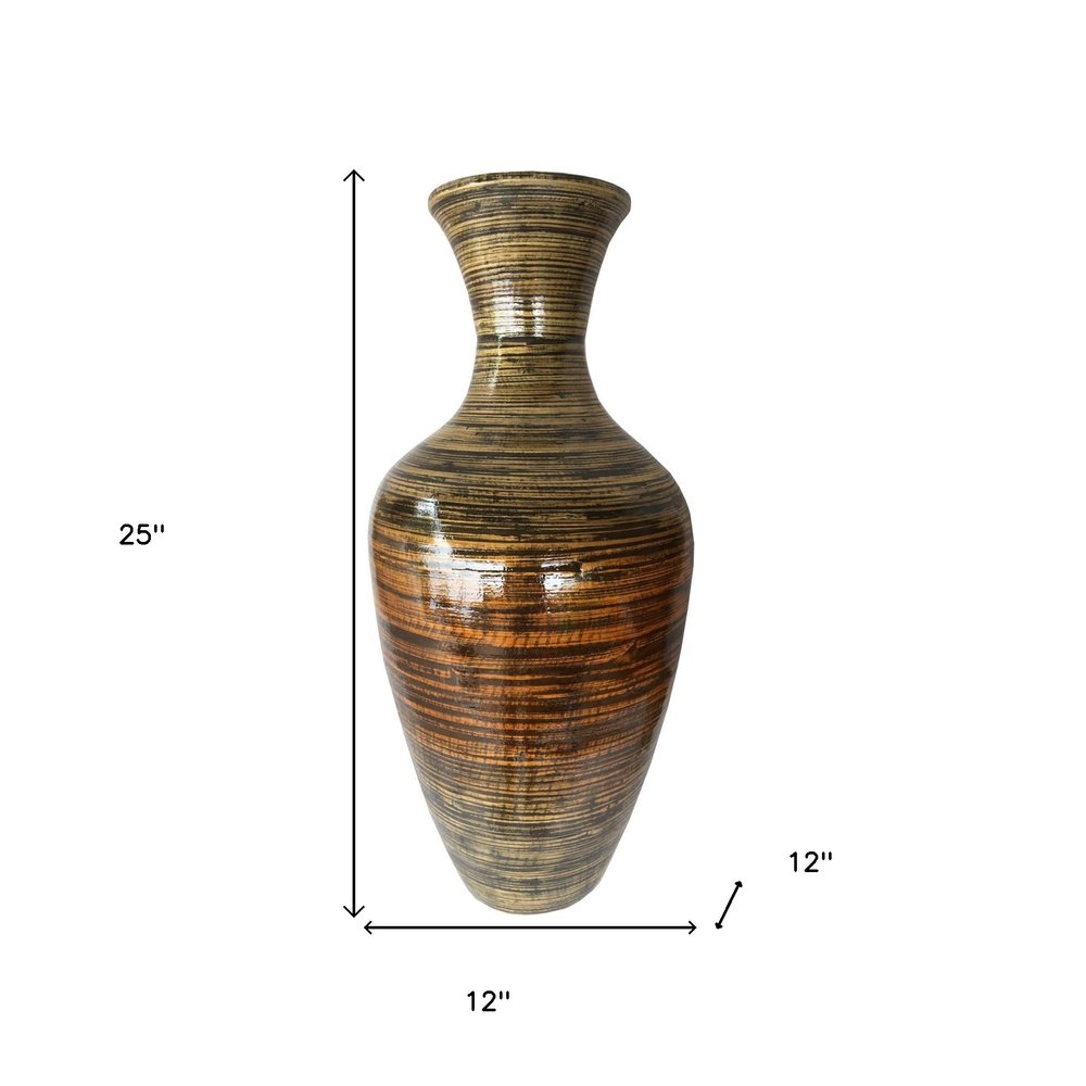 25" Black And Gold Striped Urn Bamboo Floor Vase