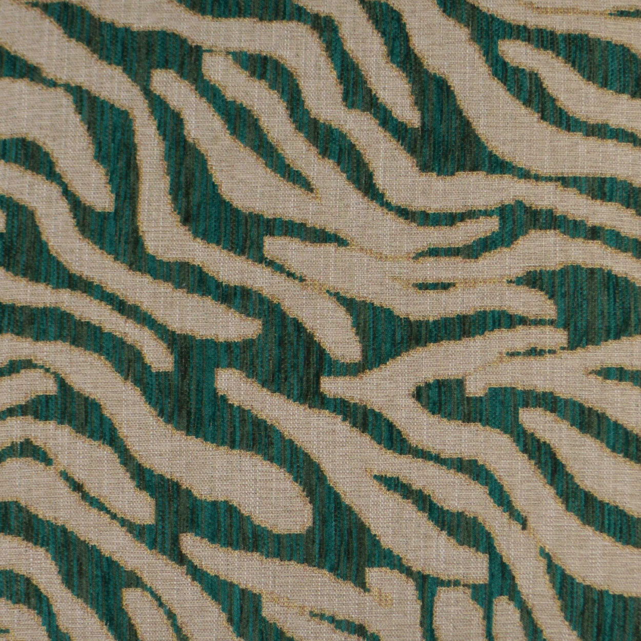 Beige and teal zebra-stripe fabric with a woven texture, perfect for upholstery or curtains.