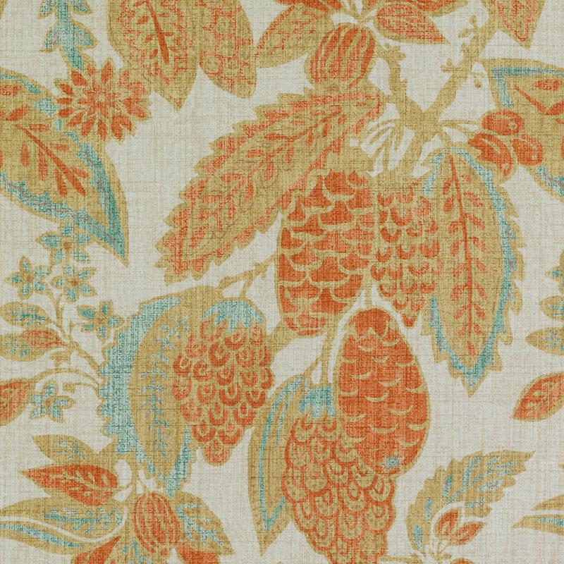Beige linen-like fabric with a vintage botanical print of orange berries and teal leaves.