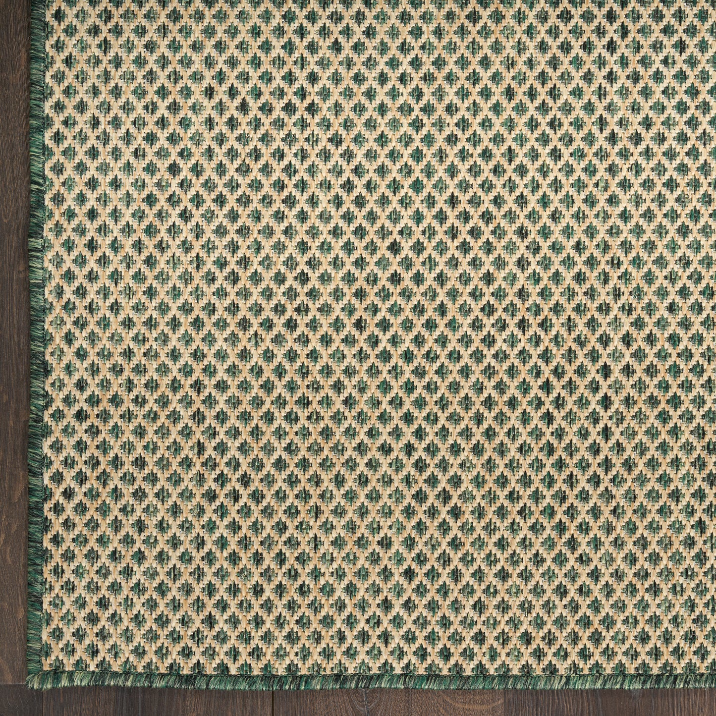Beige woven rug with teal diamond lattice pattern & dark green fringe trim along left & bottom edges on wood floor