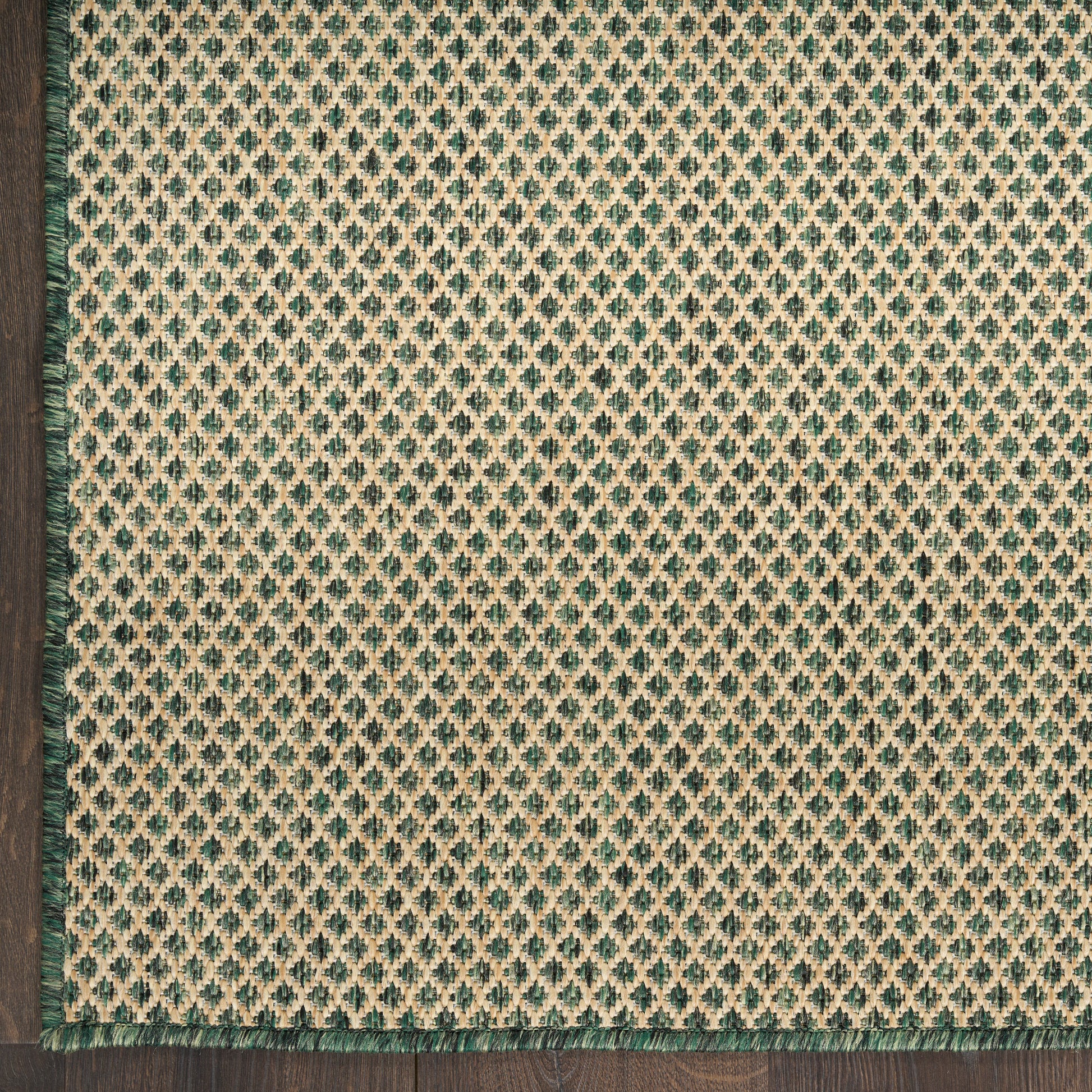 Beige woven rug with teal diamond lattice pattern & dark green fringe trim along left & bottom edges on wood floor