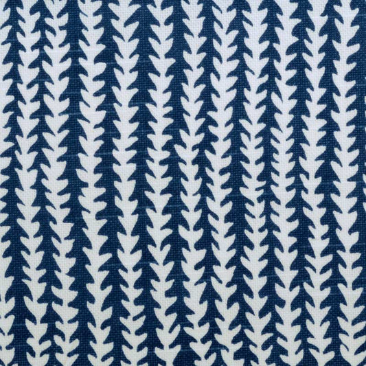 Navy blue vertical tree silhouettes repeating on white fabric; upholstery fabric for cushions.
