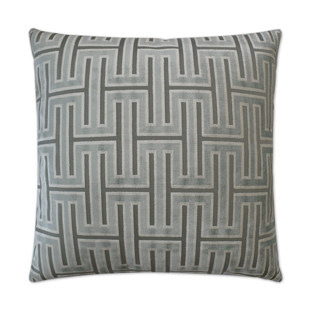 Gray square throw pillow with interlocking geometric maze pattern in silvery tones.