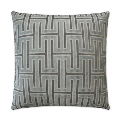 Gray square throw pillow with interlocking geometric maze pattern in silvery tones.