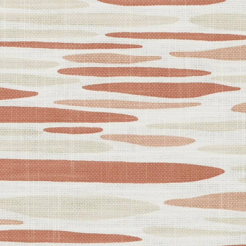 Abstract coral and beige oval brushstroke pattern on cream fabric; retro mid-century textile design.