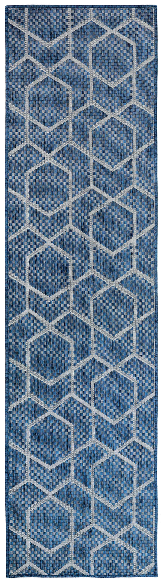 Blue woven rug runner with light gray diamond lattice pattern & dark blue border.